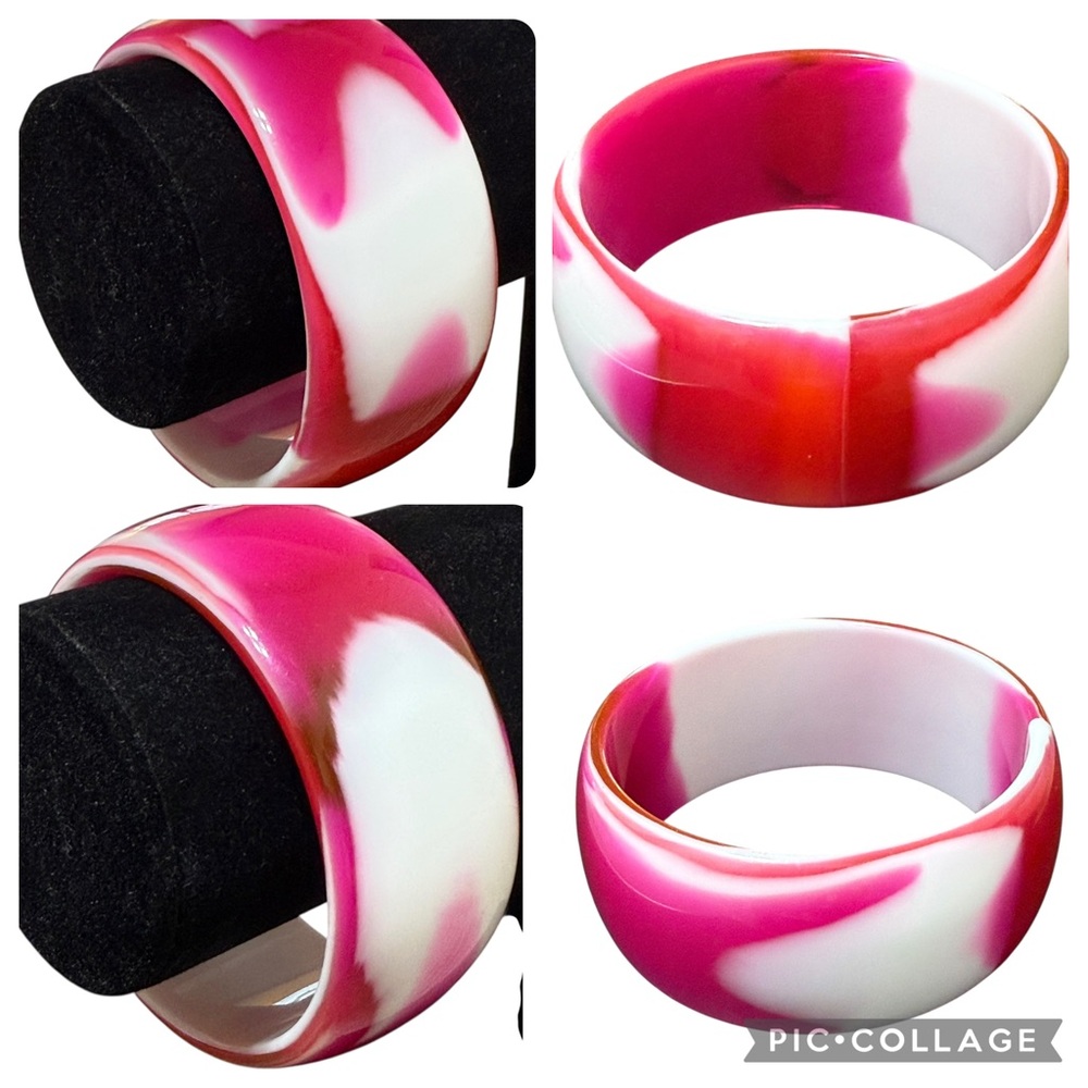 Chunky Pink White Marbled Resin Bangle Bracelet Y2K Retro Statement